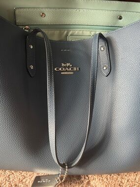 Coach Pebbled Leather Tote in Blue with Mint Interior